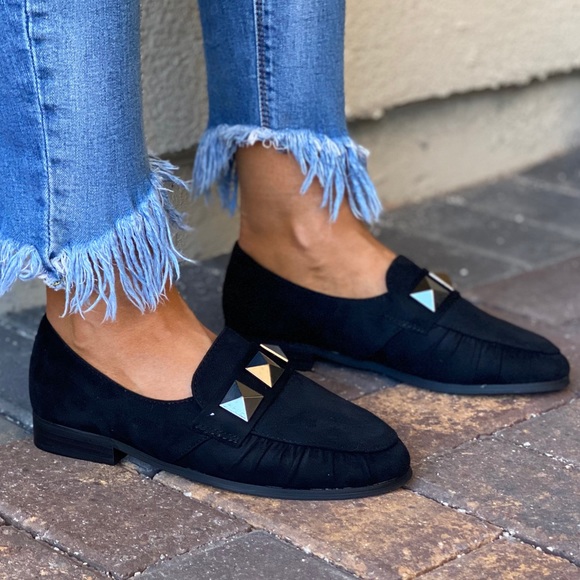 Black Studs Vamp Boyfriend Slip On Loafer Flats - Picture 5 of 8